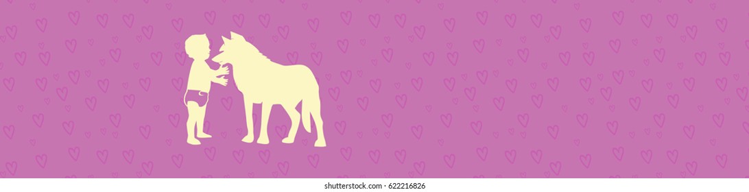 Logo of Smiling Baby Playing with Pet Dog Silhouette - Minimalist Vector Elements on Pink Background with Purple Hearts and Copyspace
