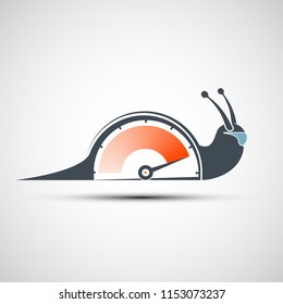 Logo snail with a power arrow. Icon sports stopwatch or speedometer. Stock vector illustration.