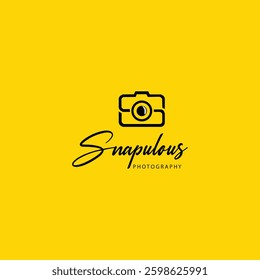 A logo for snapulous photography featuring a camera icon and cursive text on a yellow background