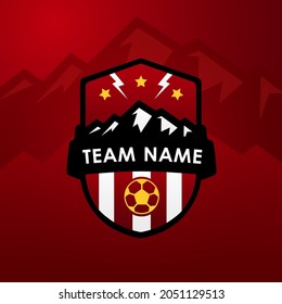 Logo for a soccer team with the theme of highland soccer mountains or hills and a combination of red, black, and white