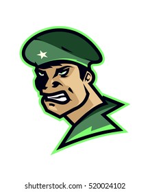 Logo soldier, infantryman. Badge, emblem for the sports club. Hockey, football, basketball logo. Green color. Angry, the brave soldiers.