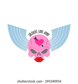 Logo of soldier of love. Pink skull with large red lips and blue wings. Female cranium blondes. Vector illustration 