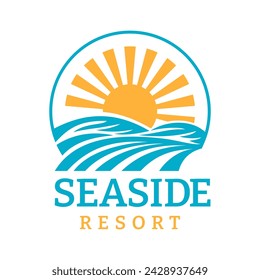 Logo for some seaside resort with sun and waves. Vector template