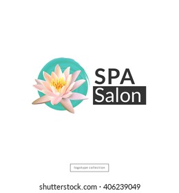 Logo for Spa salon, massage , beauty salon . Pink Flower lotus on blue paint circle. Vector. Isolated. 
