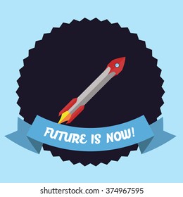 Logo of space rocket with message for citizens of the earth on the dark background with the scheme of engine and the capsule for astronauts