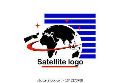 Logo-Raumsatellit mit Globus, Himmel und Sternen einzeln auf weißem Hintergrund.