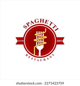 logotipo spaghetti, noodle, plantilla de pasta, con icono de pasta, tenedor aislado en fondo blanco, emblema del logo, insignia. icono simple, con, cinta, apta para pegatinas, etiquetas, logotipos de restaurante, comida callejera