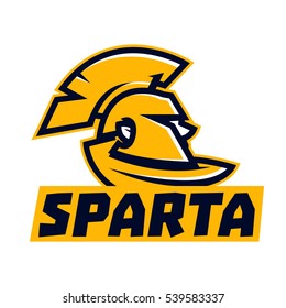 Logo Spartan. Ancient warrior. Helmet, coat, face in profile. Lettering. Vector illustration. Flat style 
