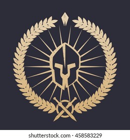  Logo With Spartan Helmet, Gold On Dark, Grunge Can Be Easily Removed