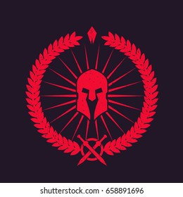 logo with spartan helmet, grunge red emblem