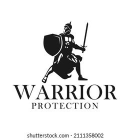 logo spartan protection in helmet and shield. Black-and-White logo. Vector illustration