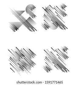 Logo with speed lines in circle, rectangle and triangle form .Square unusual icon Design .Black Vector stripes .Geometric shape.