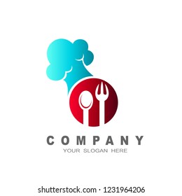 logo with spoon and fork design, circle, spoon, fork and chef