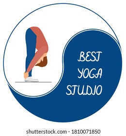 Logo for sports design. The round emblem is a sign of white and blue yin-yang balance. The man is doing gymnastics. Vector in a flat style. Yoga for men. Handwritten letters: BEST YOGA STUDIO.
