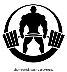 The logo of the Sports Hall, which depicts the Silhouette of an Agro Muscular Man With a Heavy Barbell. Black and White Glyph Illustration