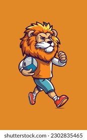 logo for sports shop with lion mascot carrying ball.