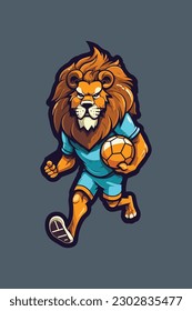 logo for sports shop with lion mascot carrying ball.