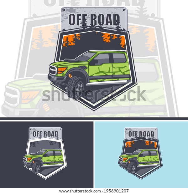 Logo of the spotted Off Road car against the\
background of forest.