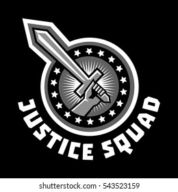 Logo squad of justice, sword in hand. Sticker isolated and encircled by a white outline in the background. Black and white execution. Vector illustration. Flat style.