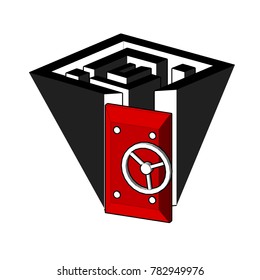 logo square heavy door of the bunker sanctuary, the maze, isometric. 3d.