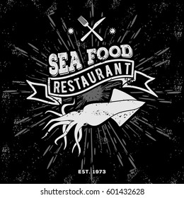 Logo with Squid for Seafood Restaurant. Vintage style.