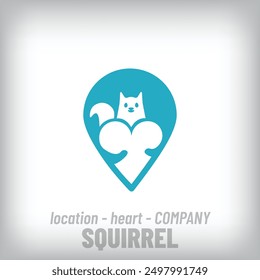 Logo with squirrel design with heart inside unique location sign. Creative animal, company icon template. vector