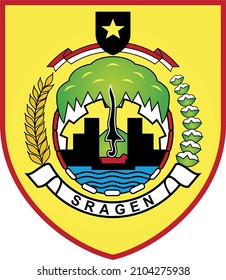 Logo of Sragen Regency, The main form of the regional symbol of Sragen Regency is a heart-shaped shield, yellow base color with red and black stripes.