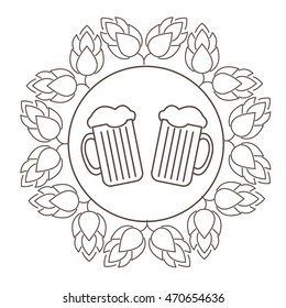 Logo or stamp Oktoberfest with the image of hops and beer mugs. Vector illustration.