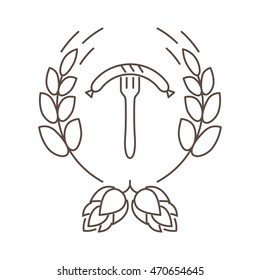 Logo or stamp Oktoberfest with the image of hops, malt and sausage on a fork. Vector illustration.