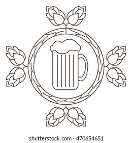 Logo or stamp Oktoberfest with the image of hops, malt and beer mugs. Vector illustration.