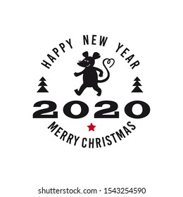 Logo stamp white 2020 happy new year, emblem Christmas. Vector flat illustration with a silhouette image of a mouse. The rat is the talisman of the eastern calendar.