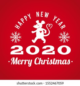Logo stamp white 2020 happy new year, emblem Christmas. Vector flat illustration with a silhouette image of a mouse. The rat is the talisman of the eastern calendar.