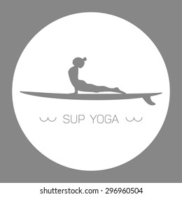 Logo for Stand up Paddle Yoga. Upward-facing dog. Grey and white circle.