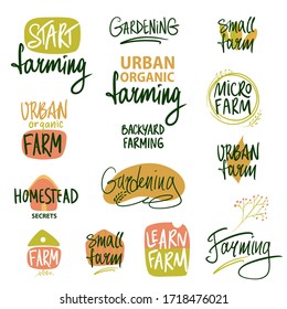 Logo Start-up Backyard Family Farm. Set  Logotype For Organic Natural Food. Learn Farm. Template Logo, Badge, Insignia, Sign Isolate On White Background For Smart Small Micro Business. 