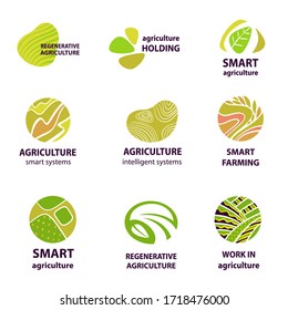 Logo start-up farm . Set  logotype for organic homestead small family business. Smart regenerative agriculture holding logo, badge, insignia, sign isolate on white background. 