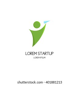 Logo of startup with person launch paper plane. Vector motivated person reaches to plane. Vector template.