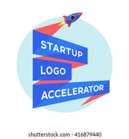 Logo for startup project with inscription Startup Logo Accelerator. Logo template with three line ribbon. Business concept and identity symbol. Startup graphic design concept. Vector Illustration