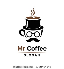 A logo of a steaming cup of coffee with a top hat and glasses