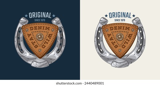 Logo with steel horseshoe, leather triangular brand patch, text. Design element in western vintage style. For clothing, t shirt, surface decoration