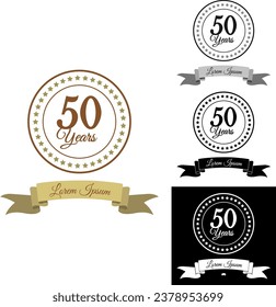 Logo with stellar, circular shapes with traditional and emblematic icons. 50 years. Usable for celebration logos, birthday, party, certificate. Flat vector logo design template element.