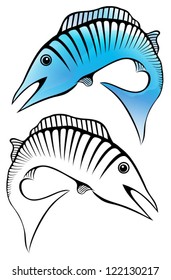 A logo and stencil of a wahoo leaping out of the water.