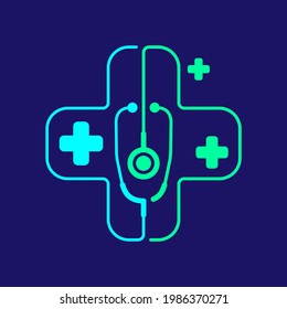 Logo Stethoskop in Cross-Frame mit Cross-Symbol, Ärztin kümmert sich um Design-Illustration Blau, grüne Farbe einzeln auf dunkelblauem Hintergrund