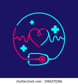Logo Stethoscope and heartbeat wave in circle frame with cross icon, Medical doctor take care concept design illustration blue, green color isolated on dark blue background