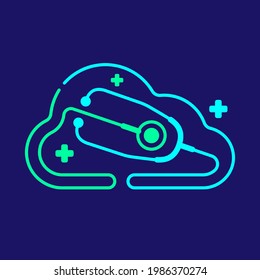 Logo Stethoscope and heartbeat wave in Cloud frame with cross icon, Medical doctor Cloud online data network platform concept design illustration blue, green color isolated on dark blue background
