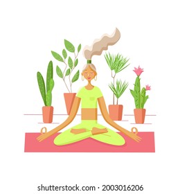 Logo, sticker, card design with a girl doing yoga or meditation surrounded by plants at home. Vector illustration of fitness and spiritual activities at home. 
