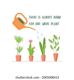 Logo, Sticker, Card Or Other Deign With Text There Is Always Room For One More Plant, With Plants And A Watering Can. Vector Illustration For Plant Lovers. 