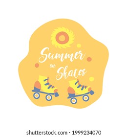 Logo, sticker or card for roller skating on quads. Vector illustration for roller skaters in summer yellow colors. 