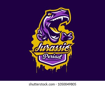 Logo, sticker, dinosaur and its sharp teeth. Dangerous beast, predator of the Jurassic period, extinct animal, mascot, jaw and claws. Lettering, shield, print. Vector illustration