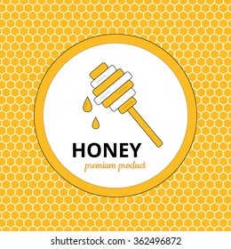 Logo, sticker for honey brand, apiary company with honey dipper and drop of honey with honeycomb background, propolis. Honey,  honeycomb,  honey logo, honey icon