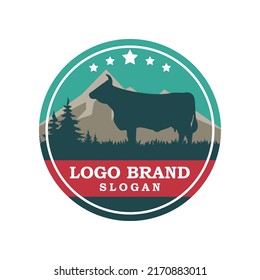 Logo Or Stiker Farm Cow, Milk, Beer, Mountain, Lanscape Vector Icon Etc